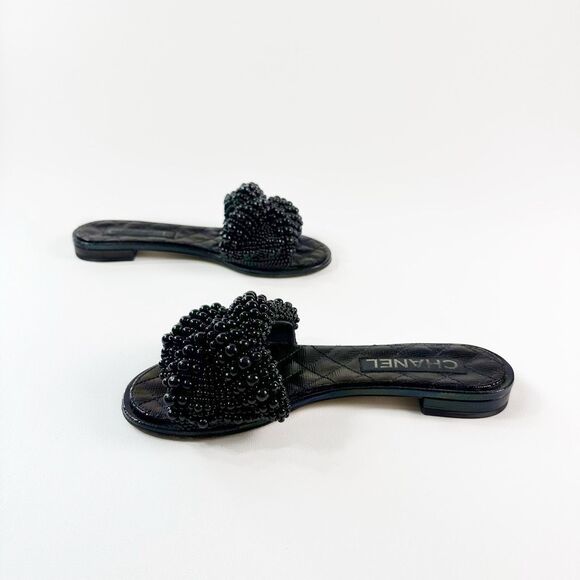 CHANEL Black Fantasy Pearl Cord Sandals Size 37 Mules Open Toe Slides CC Flat - Picture 8 of 12